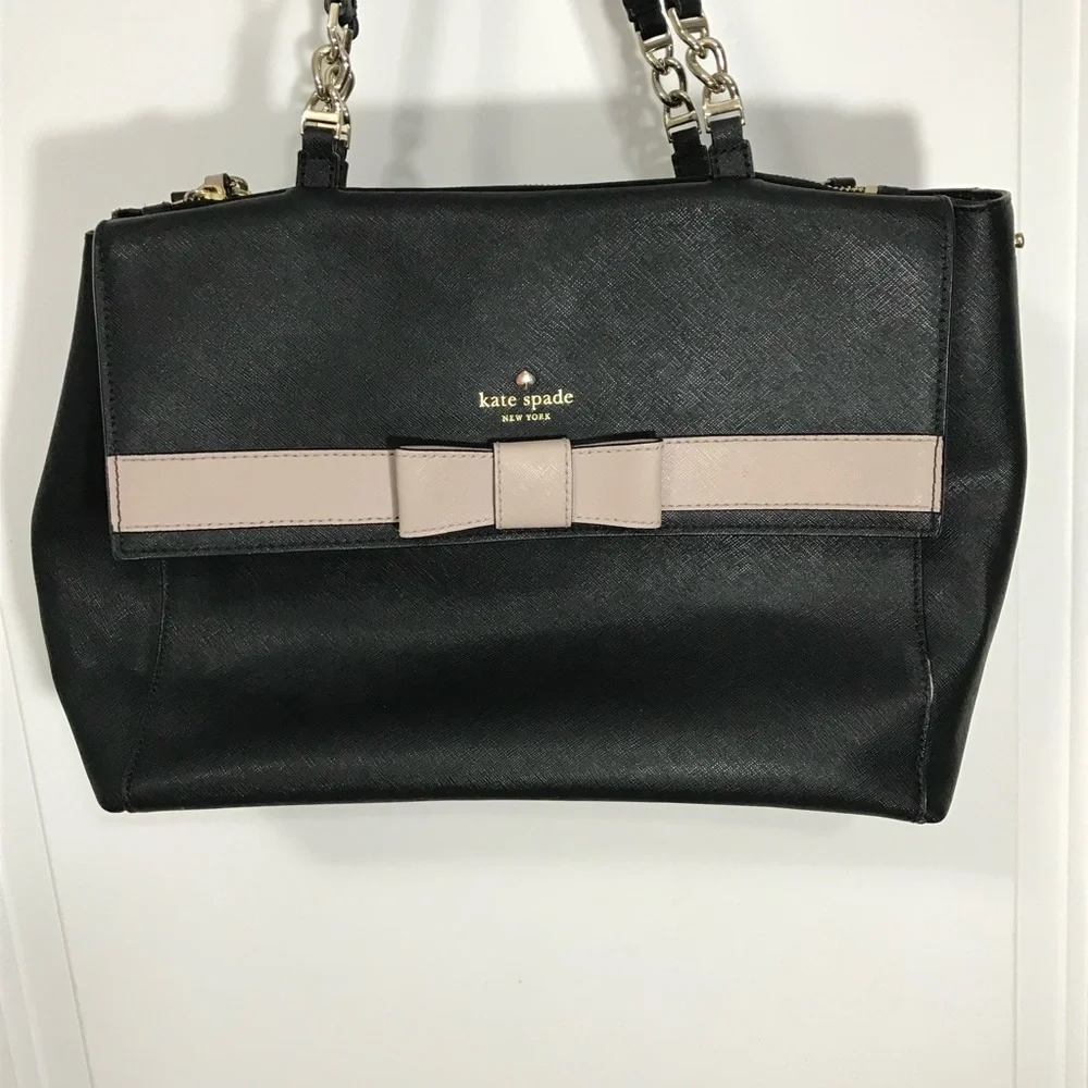 kate spade Large Black Satchel with Beige Bow Trim